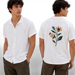 Les Deux Mens XXL Off White Knit Short Sleeve Floral Back Camp Collar Shirt‎